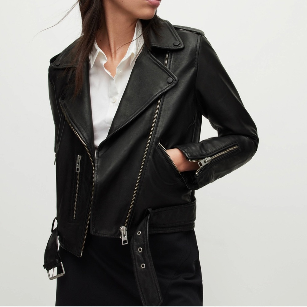 All Saints black leather moto jacket size 4